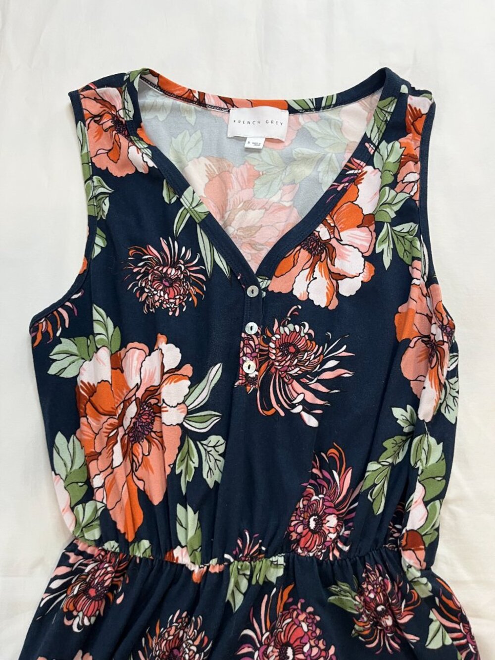 French Grey Navy Floral Print Sleeveless Dress - Picture 3 of 5